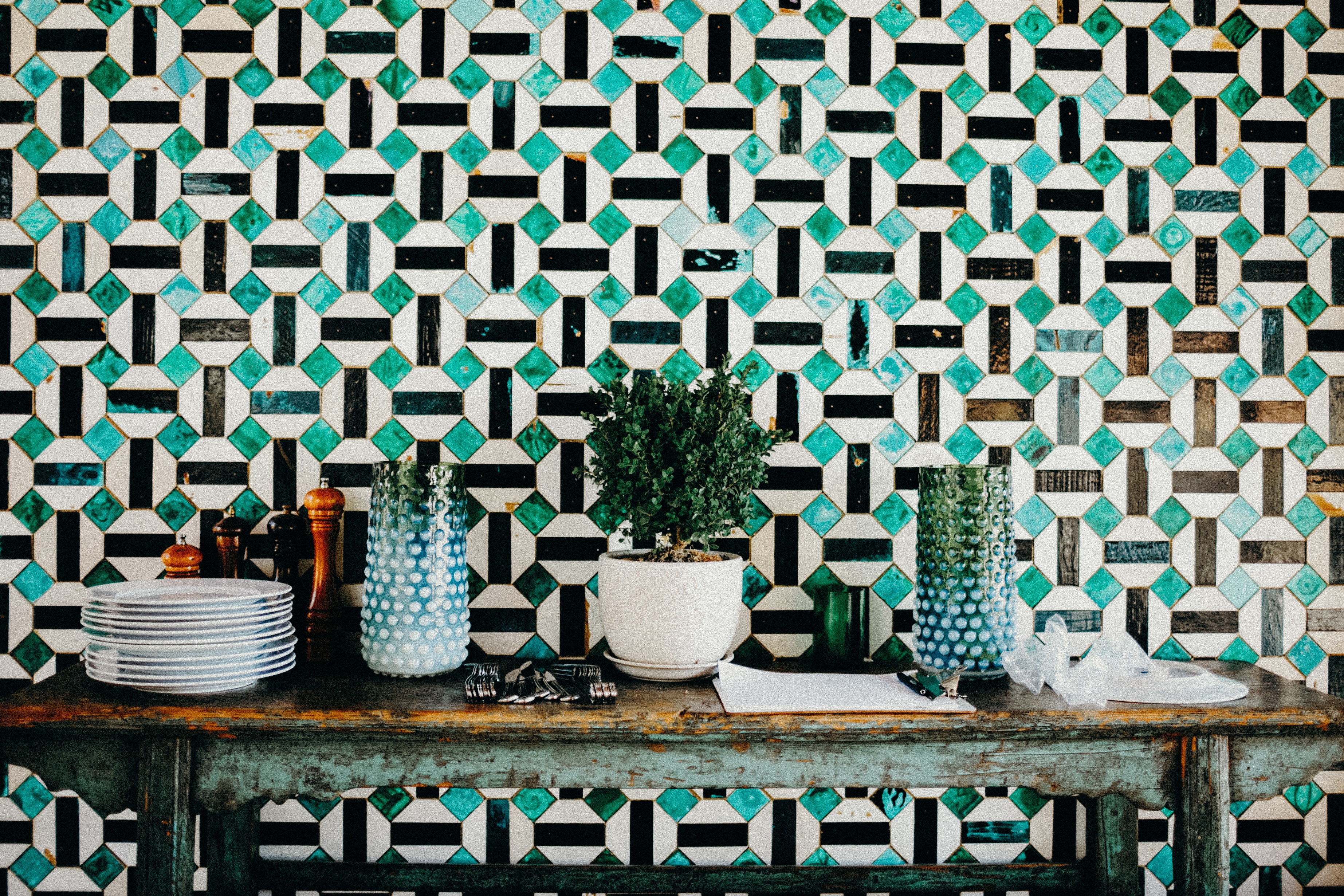 Green mosaic wall tiles