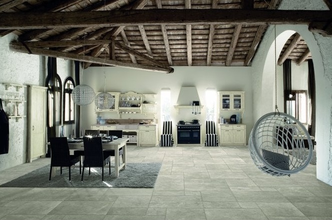 rustic kitchen with grey stone-effect floor tiles