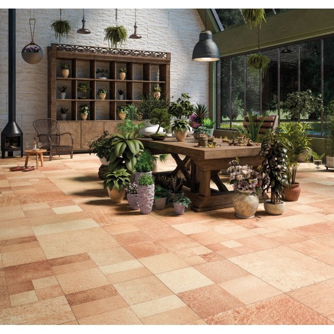 terracotta floor tiles, kitchen table and plants