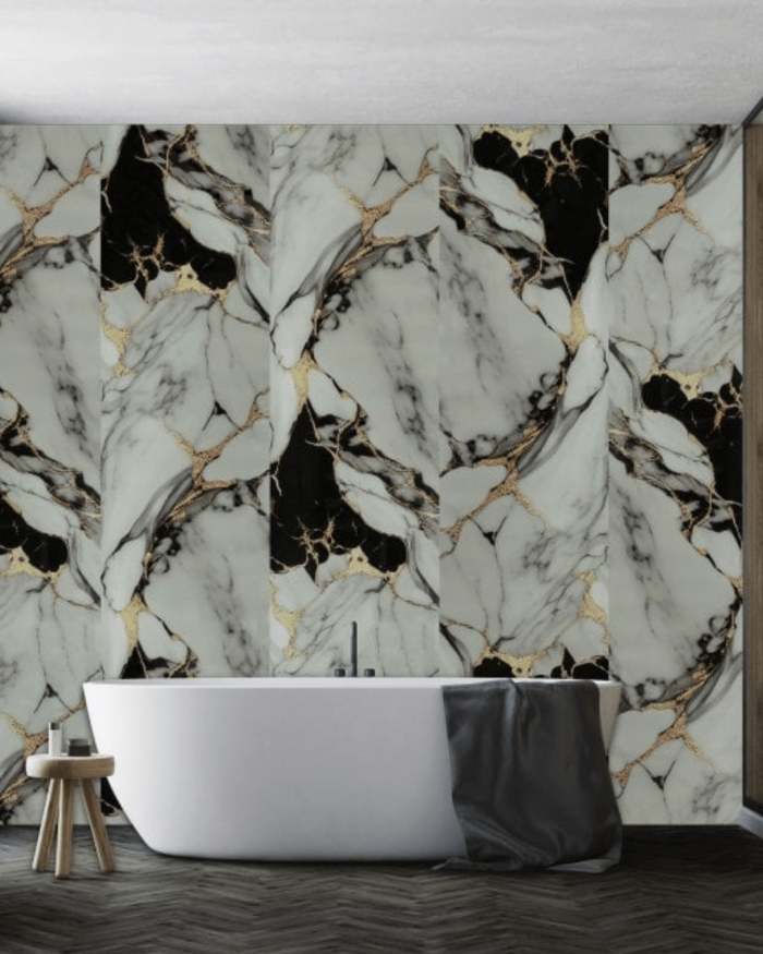 Black and aqua shower panels behind a bath